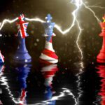 Us Australia and Great Britain flags paint over on chess king.aukus defense pact. 3D illustration aukus vs china.